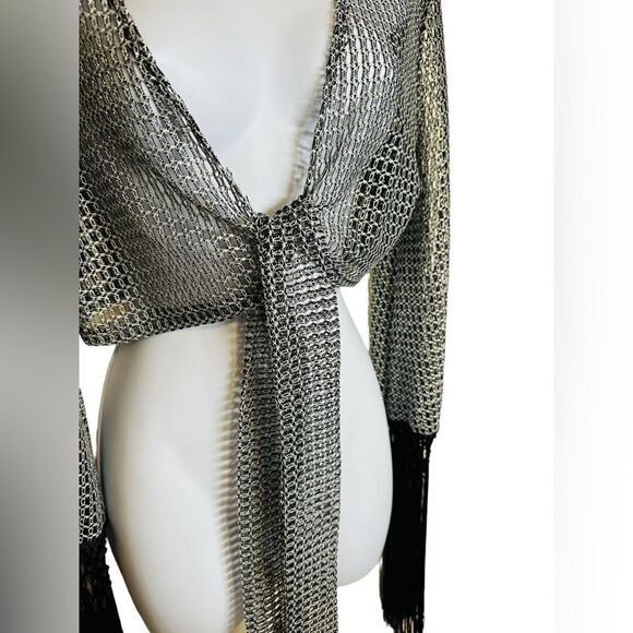 ALEXANDRA KATSAITI Women Open Weave Coverup With Fringe Silver Black Size Small - Picture 4 of 11